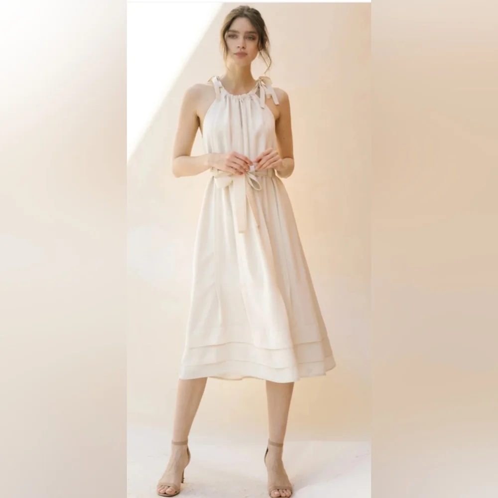 Cream Halter Top Belted Midi Dress Size Small Wedding Guest Dress Halter Summer